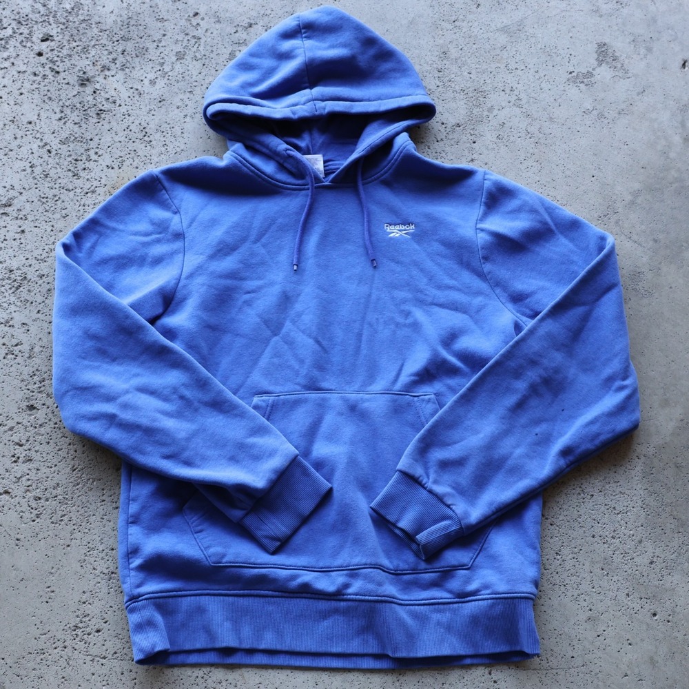 Reebok Small Logo Embroidered Hoodie Mens Size Medium Blue Pullover Sweatshirt